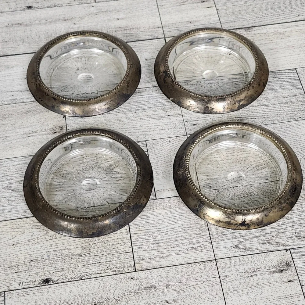 VTG. Frank M. Whiting Sterling Silver & Glass Coasters Set of 4 Mid Century